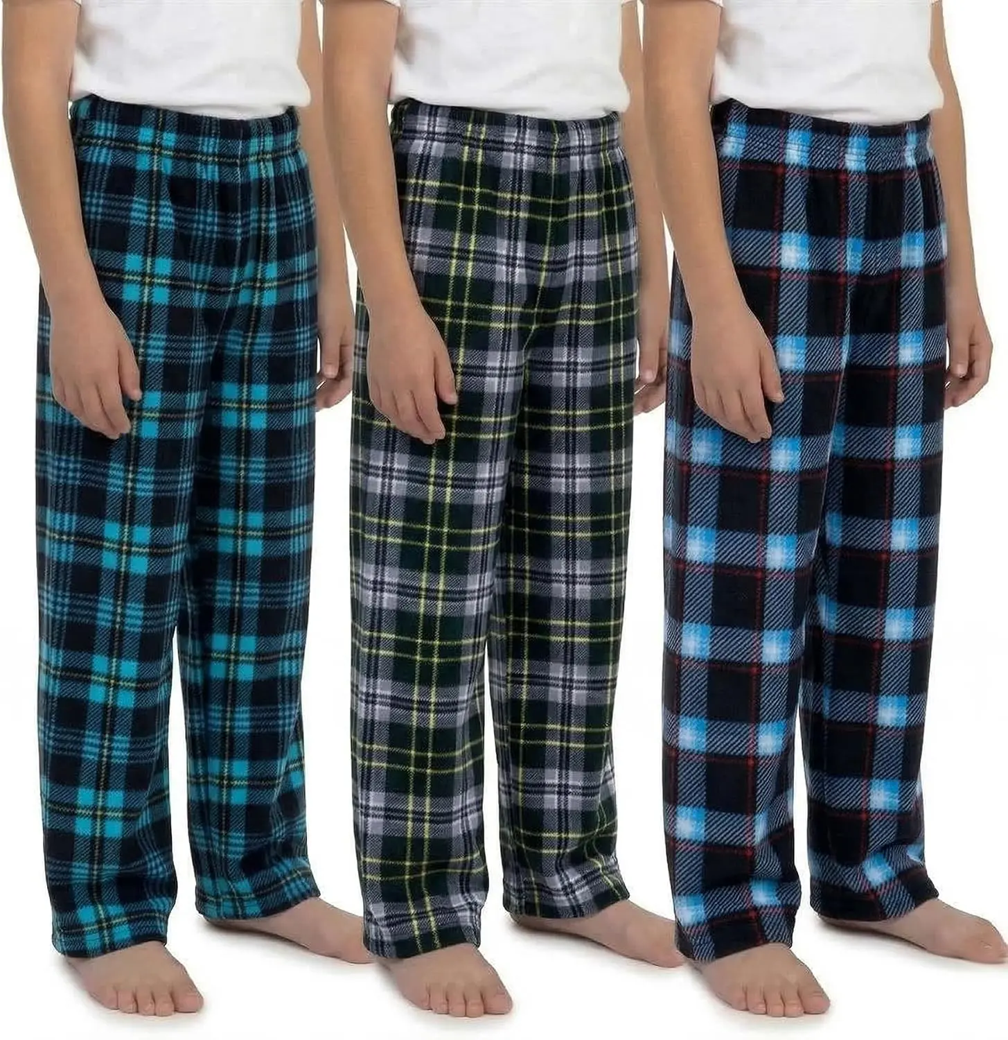 Boys Pajama Pants - Soft Micro Fleece PJ Bottoms for Kids Printed Plaid Design Boy's Sleepwear Size 6–20 3PK