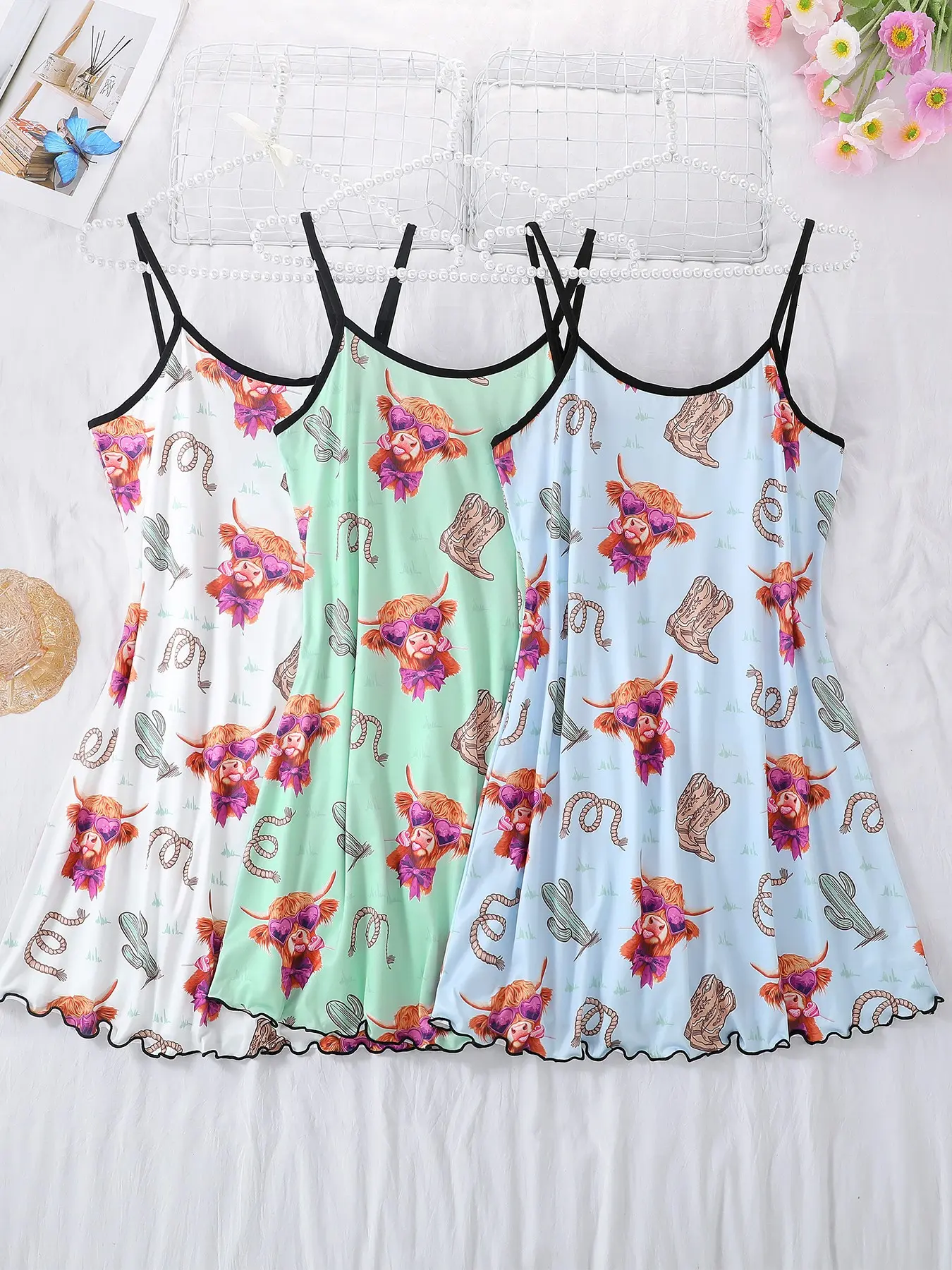 3-Piece Women's Summer Western Style Casual Nightdress, Cartoon Cow Animal Print, Spaghetti Strap Sleepwear & Loungewear, Breathable, All-Season Comfort, Nightwear Loungewear