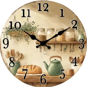 10 inch Wall Clock That Doesn'T Tick, Made of Wood, Featuring a Decorative Circular Design. It'S a Rustic Addition to Kitchen Decor with Jars And Utensils, Suitable for Dining Rooms, Hallways, Study Rooms, Home Offices, And Balconies