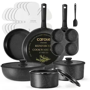 17pcs Nonstick Cookware Set, Granite Reinforced Non Stick Pots and Pans Set Removable Handle