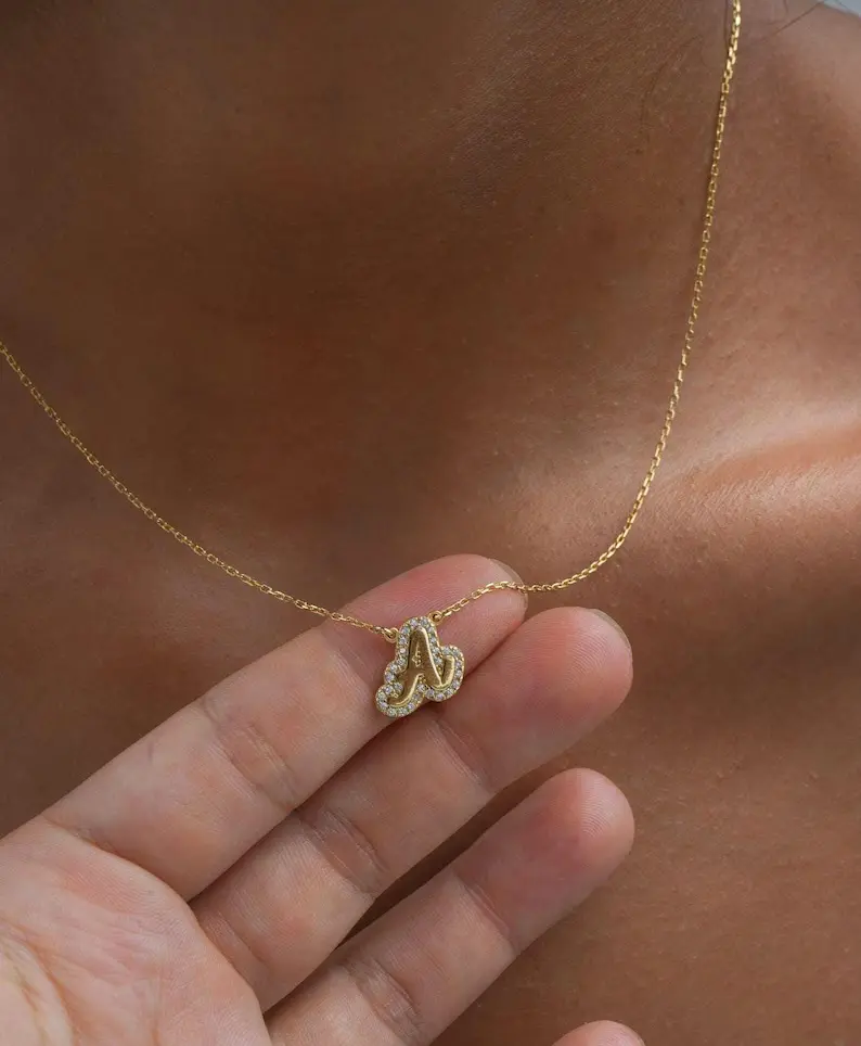 Pave Outline Bubble Letter Necklace, Diamond Name Custom Necklace, Dainty Gold Name Plate Necklace, Bubble Name Personalized Necklace Gift