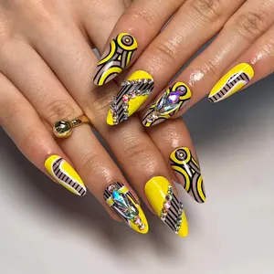 Yellow pop patternAlmond Press on Nails Medium Stiletto Fake Nails Glossy Glue on Nails Rainbow French Tip Acrylic Nails Colorful Flower Plaid Design Stick on False Nails 24 pcs