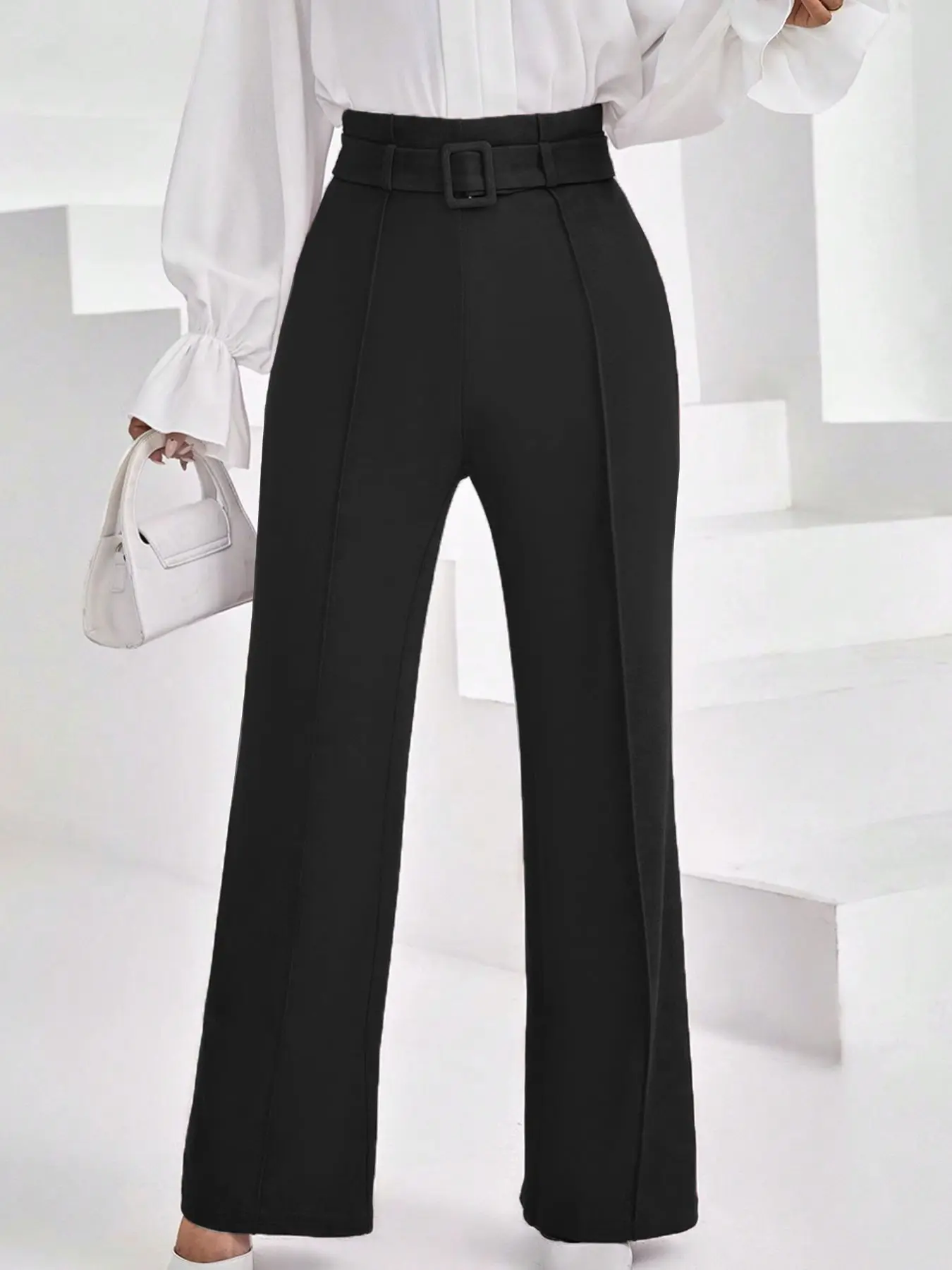 Women's Straight-Leg Pants Summer High-Waisted Straight-Leg Pants With Black Belt Casual, ComforTable and Slim-fit Women's Straight-Leg Pants With Invisible ZipperSuitable for Daily Wear and Office Use