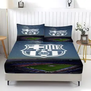 Barcelona Football Club printed bed sheet with pattern, including 1 bed sheet and 2 pillowcases, anti slip dust cover suitable for bedrooms and guest rooms, suitable for personal use or gift giving