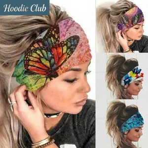 4Pcs Boho Wide Stretch Headbands for Women Butterfly Design Button Hair Wrap Breathable Turban Style Hair Scarf Elastic Fashion Hair Accessories for Yoga Running Workout Daily Wear Sport Headband Set Lightweight Comfortable Hair Wrap