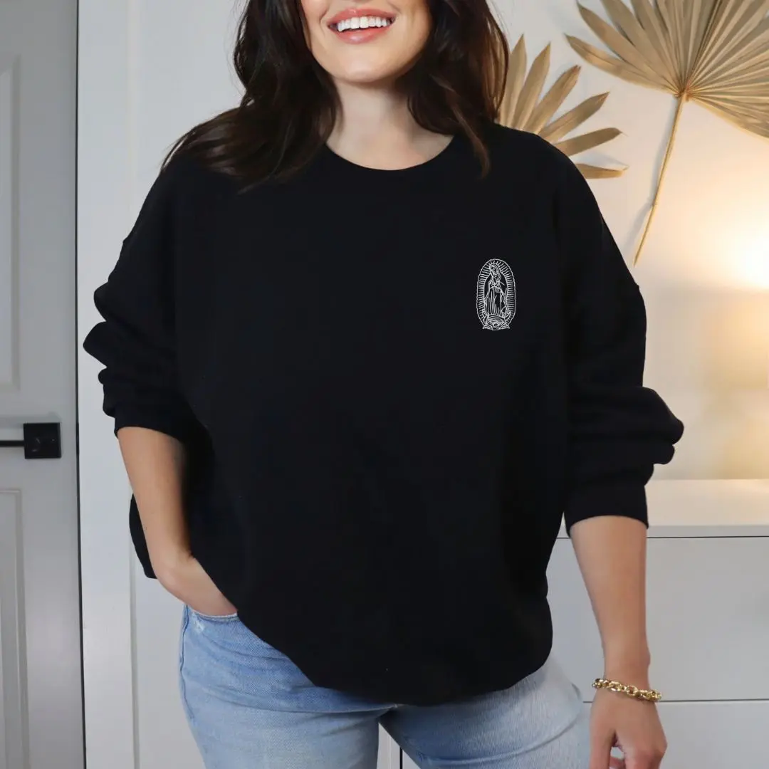 La Virgen De Guadalupe Crew Neck Sweater Embroidered!!! Casual Pullover christmas sweatshirt