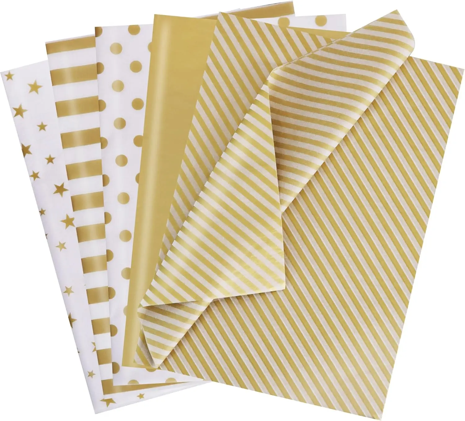 100 Sheets Gold and White Tissue Paper Bulk, Gold Dots Star Twill Stripes Print Wrapping Tissue Paper for Gift Bags, 14 x 20 Inch Gift Wrap for Birthday Wedding Christmas DIY Crafts