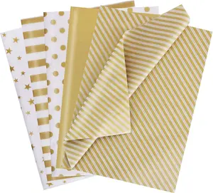 100pcs Gold and White Striped Tissue Paper Bulk with Gold Dots, Stars, Twill Patterns, 14 x 20 Inches Wrapping Paper for Gift Bags, Birthday, Wedding, DIY Crafts