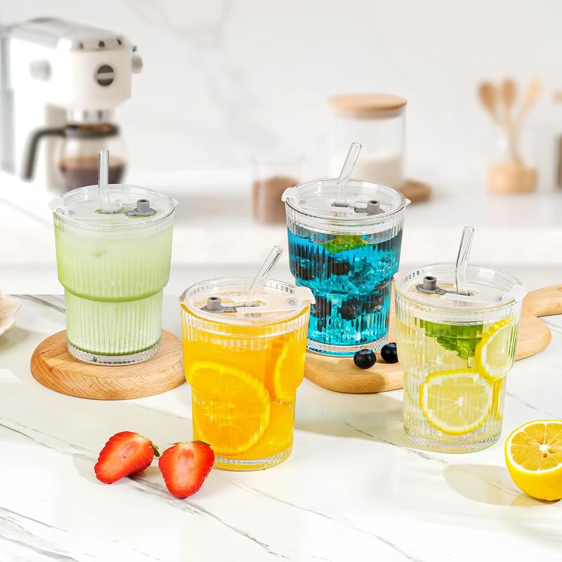 2pcs 14oz Glass Cups with Lids and Straws, Glass Coffee Cups, Iced Coffee Cups with Lids, Smoothie Cup, Tumbler for Whiskey, Cocktail, Juice, Tea, Latte