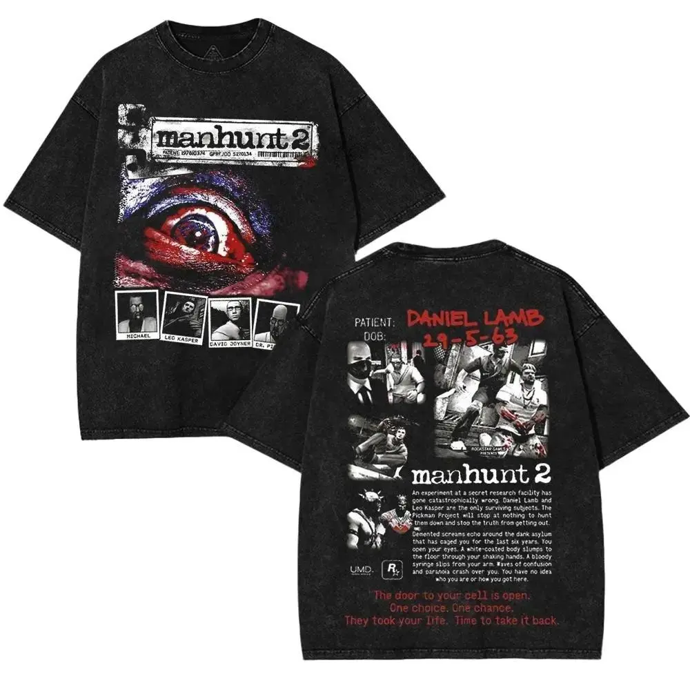 MANHUNT 2 Double Printed Washed 2 Sided Printing T-Shirt RPG action Video anime manga Games movie Streetwear graphic tees Fabric