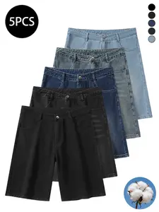 5-pack men’s jeans for autumn/winter, loose straight cut, mid-length, high cotton content, soft denim, retro street style, versatile everyday commuting pants for men