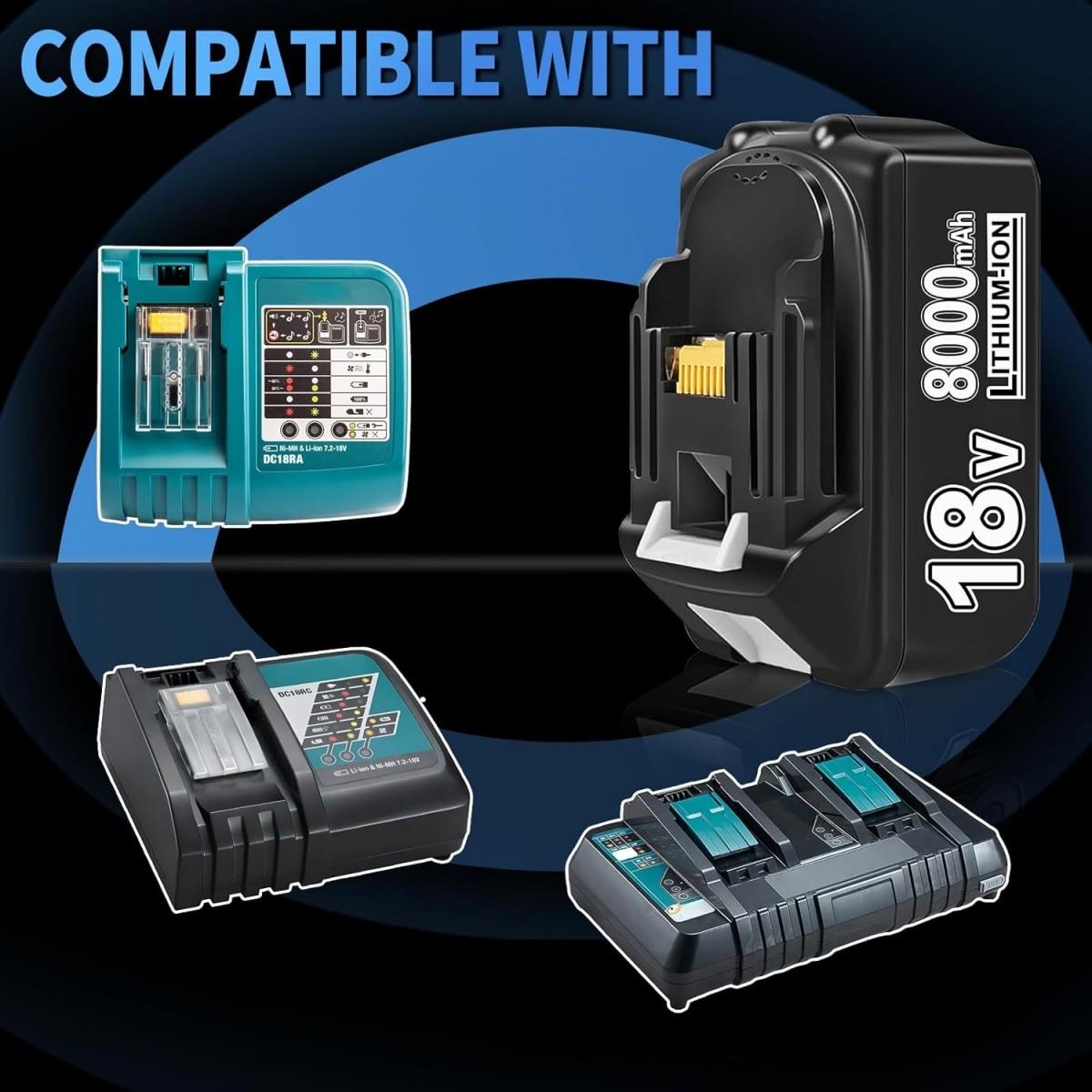 2Pack 8.0Ah Lithium-ion Replacement for Makita 18V Battery and Rapid Dual Charging Port Charger Compatible with Makita Battery 18V BL1815 BL1830 BL1840 BL1850 BL1860