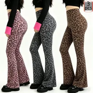 Women's 3-Pack Multi-Color Leopard Print Yoga Wide Leg Pants, Tummy Control & Butt Lifting, Flare Hem, Ultra Comfortable, Ideal for Summer Wear