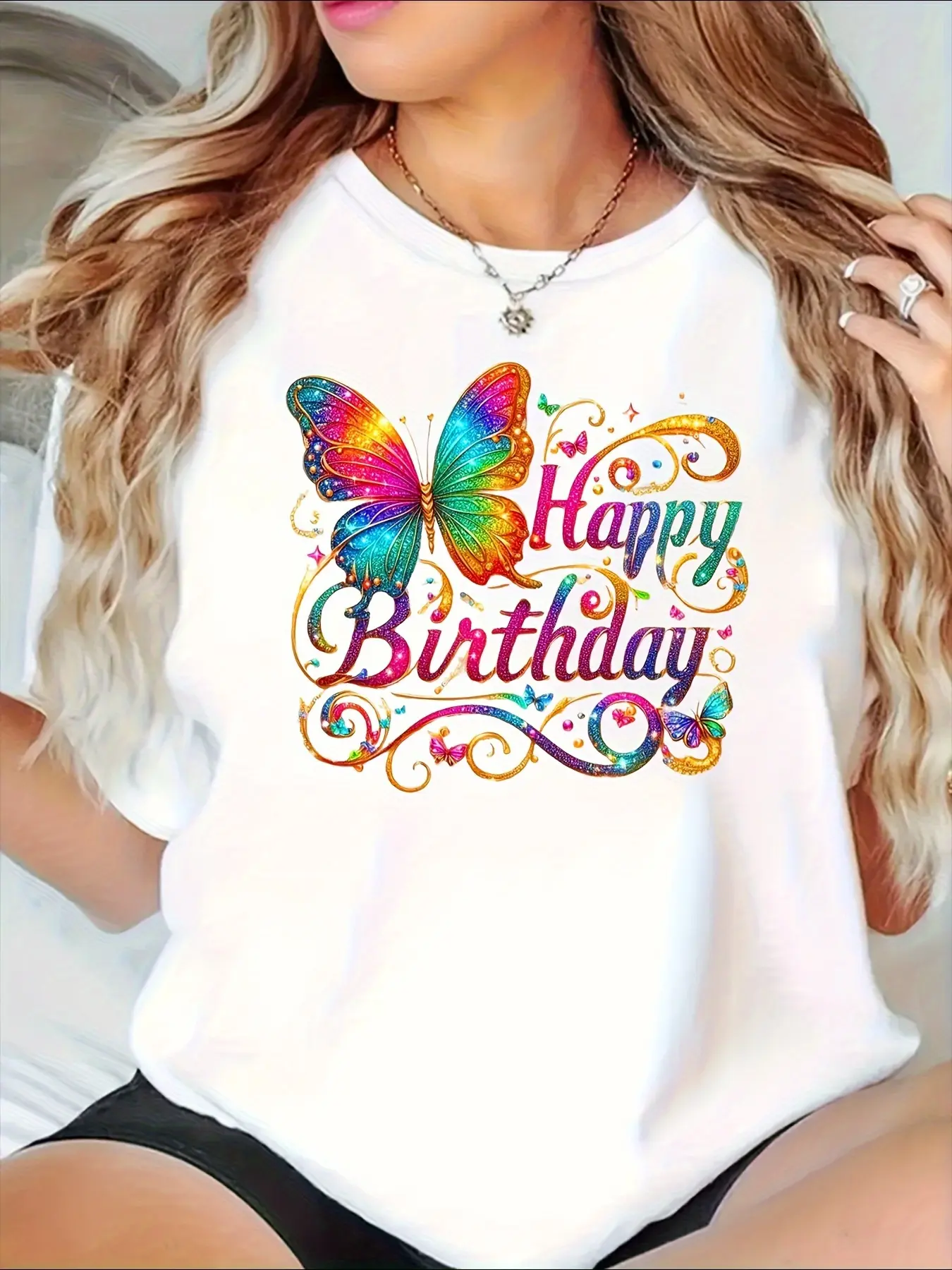 Women's Happy Birthday Butterfly & Balloon Graphic T-Shirt - Vibrant Multicolor Short Sleeve Round Neck Casual Top with Happy Birthday Lettering, Lightweight Summer Party Outfit for Celebrations, Birthday Party Wear & Everyday Fit Gift Id, Festive