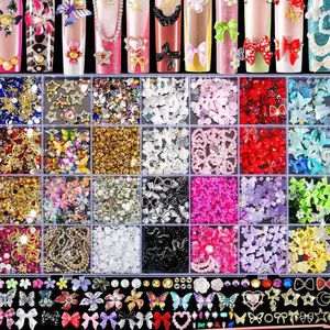 8000pcs 3D Nail Charms and Nail Gems, Cute Nail Rhinestones and Charms Y2K for Nails Nesign, Variety Butterfly Bow Moon Star Flower Junk Case Charms Gold Pearls Nail Jewels for Nail Art Decorations