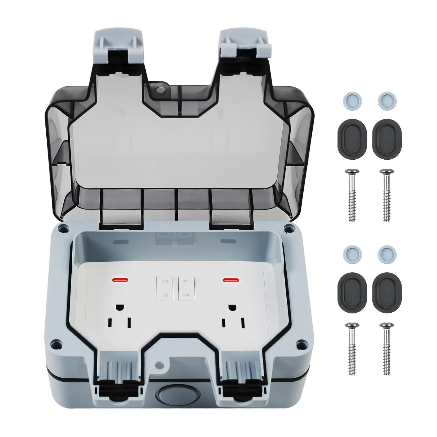 Outdoor Power Outlet, Waterproof Weatherproof IP66 Electrical Outlet Box, 15A 110-250V Outdoor Plug Socket, Lockable Socket with Cover for Garden Outside Indoor (with Switches & LED Indicator)