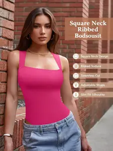 Women's Square Neck Ribbed Bodysuit Sleeveless Stretchy Tank Top Slim Fit One Piece Blouse with Adjustable Straps for Casual Office Party Wear