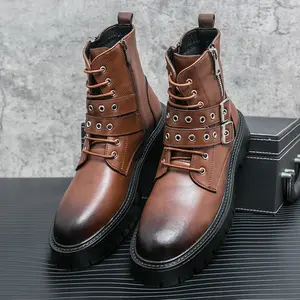 (New)High-Top Fashion Boots for Men with Round Toes And Laces, Versatile for Work, Featuring Formal Black Studded Buckles And a Unique British Style, Along with Thick Soles Suitable for Bikers