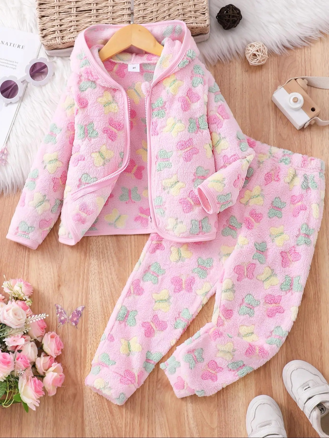 Two-Piece Set Girl's Butterfly Print Zip Up Hooded Jacket & Elastic Waist Pants Fuzzy Set, Cute Long Sleeve Hooded Outerwear & Trousers for Fall & Win