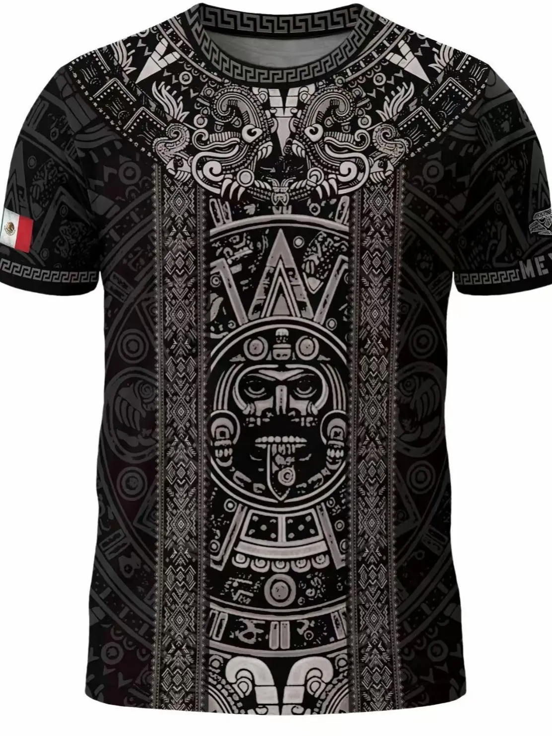 Men's Fitted Long Sleeve T-Shirt, Stylish Aztec Sun Stone Print, Round Neck Ethnic Menswear, All Seasons Casual Fashion Clothing, Crew Neck, Geometric, Streetwear, Animal, Top, Tshirt, Cold Wash
