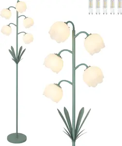 5-Lights Flower Floor Lamp with LED Blubs, Green Modern Floor Lamps for Living Room, Adjustable Standing Lamps for Bedroom Reading, Corner Tall Lamp Tree Stand Up Lamp for Office  Decor
