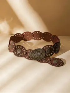 Boho Punk Vintage Grid Oval Belt for Women, Adjustable Large Size, Perfect for Jeans and Dresses, Casual Daily Wear and Vacation, Boho Style Belt