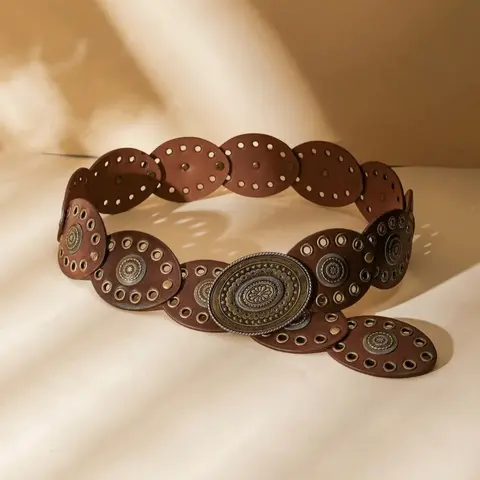 Boho Punk Vintage Hollow-Out Oval Fashion Belt for Women, Adjustable Plus Size, Perfect for Jeans & Dresses, Everyday Casual & Vacation