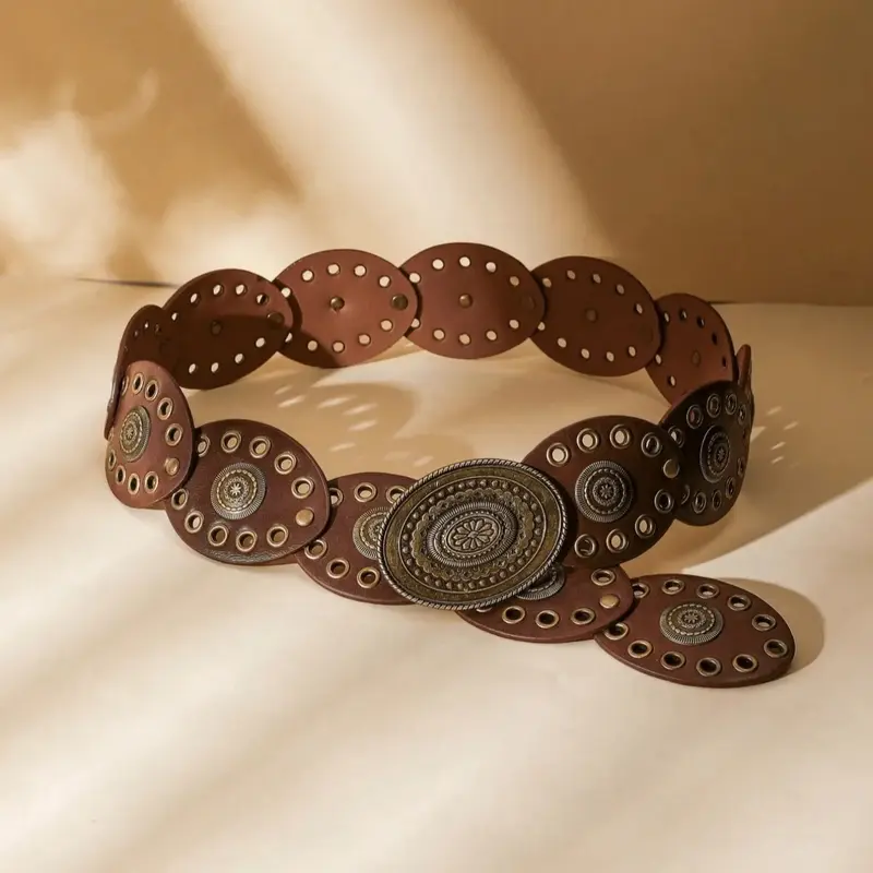 Boho Punk Vintage Hollow-Out Oval Fashion Belt for Women, Adjustable Plus Size, Perfect for Jeans & Dresses, Everyday Casual & Vacation