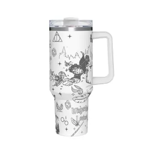 40oz White Travel Tumbler With Burger Themed Design, Double-Sided Print, Stainless Steel & Plastic Construction, Featuring Burger & Fries Prints, Classic Fast Food Pattern Prints