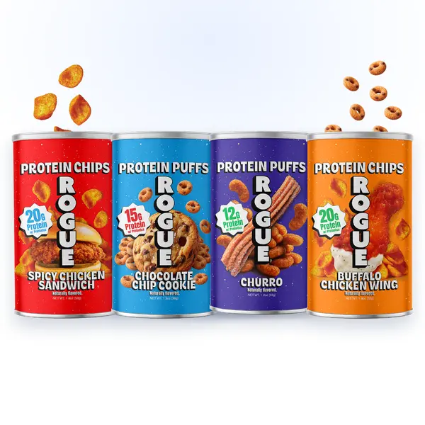 Rogue Protein Snacks | High Protein, Variety Pack 20g Protein, 1B+ Active Probiotics, No Seed Oils - Buffalo Chicken Wing, Spicy Chicken Sandwich, Chocolate Chip Cookie, Churro Puffs - 1, 4 & 8 Pack Cans