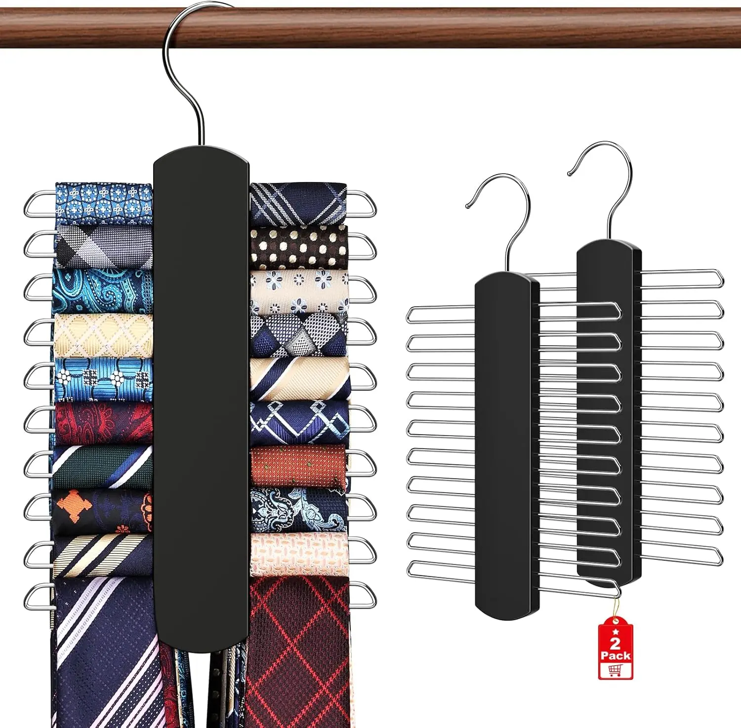 Tie Rack Closet 2 Pack Premium Wooden Necktie Organizer Storage Tie/Belt Hanger 360 Degree Swivel Space Saving Ties Holder Men Hanging 40 Ties Black Rotatable Hook, Door, Tie Display