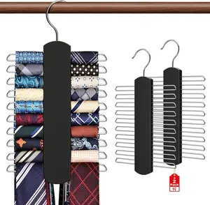 Tie Rack Closet 2 Pack Premium Wooden Necktie Organizer Storage Tie/Belt Hanger 360 Degree Swivel Space Saving Ties Holder Men Hanging 40 Ties Black