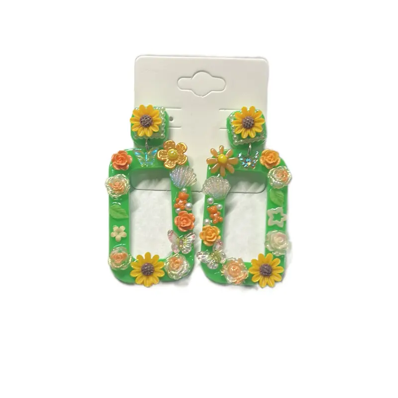 Custom Handmade Junk Earrings Sunny Days Flowers Need Sun to Bloom Green Floral Design Unique Jewelry