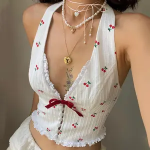 Ms. Sexy Cherry Blouse - V-Neck Halter with Ruffle Trim, Y2K Vibes Elegant Fit