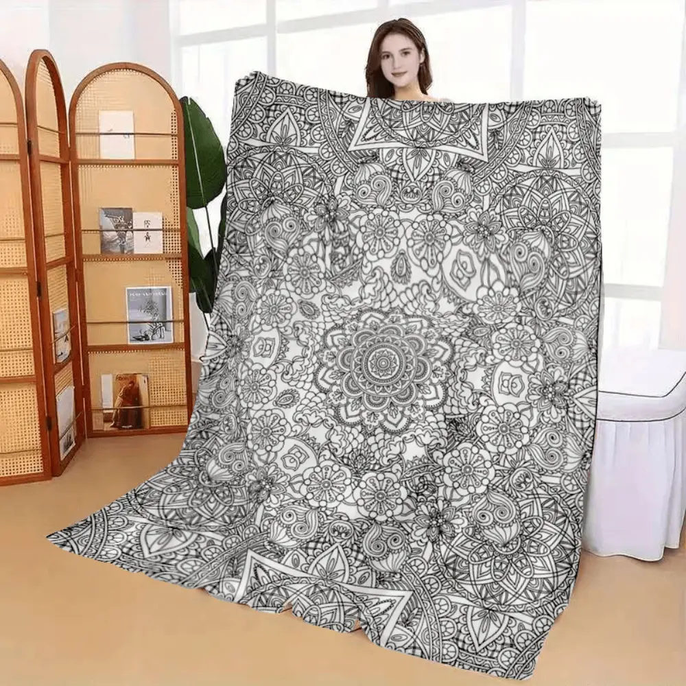 Black White Mandala Coloring Book Style Blanket,Soft Flannel Throw Blanket with Boho Floral Paisley Print,Cozy Gift for Women Girls Teens and Art Lovers, Aesthetic Room Decor for Bed Couch Sofa Bedroom Dorm,Lightweight Warm Blanket for Naptime Movie Night
