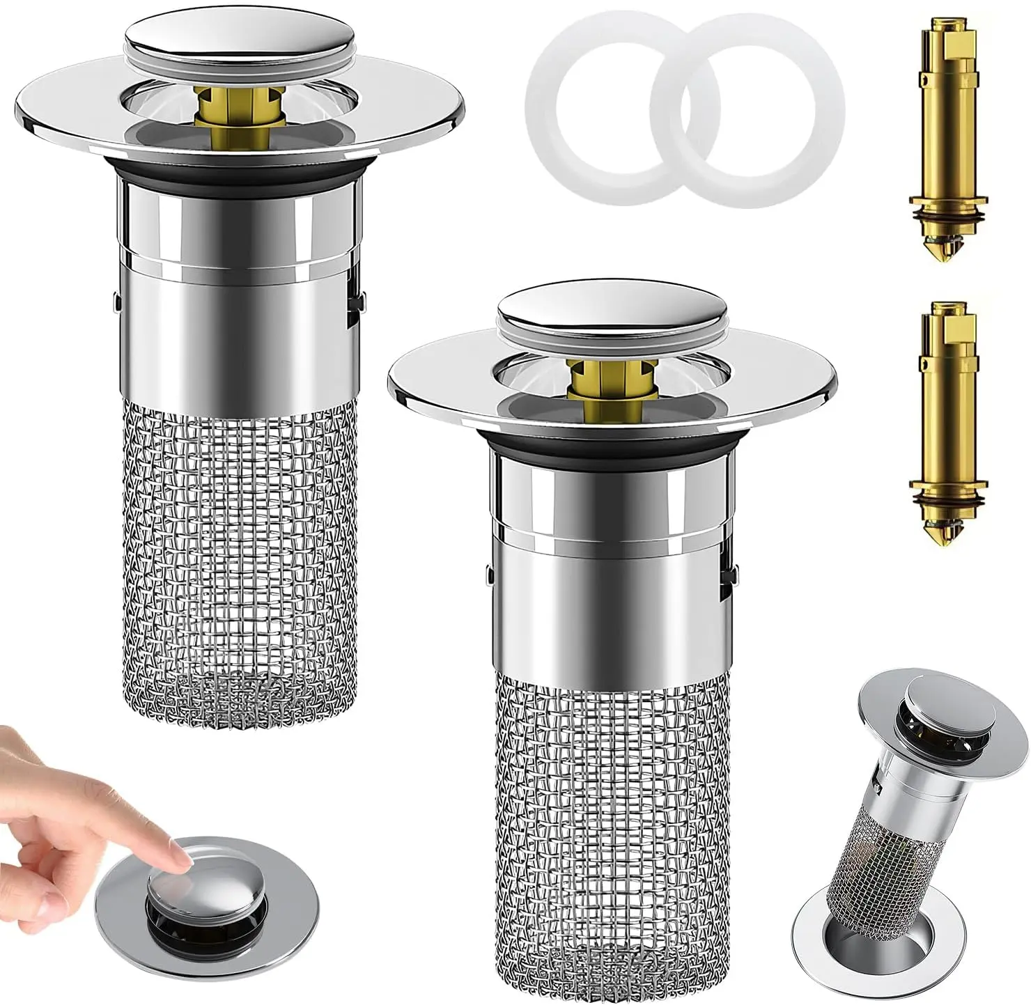 2Pcs Bathroom Sink Stopper Hair Catcher,Pop Up Sink Drain Filter with Removable Stainless Steel Filter Basket Hair Catcher, for US Drain, Bathroom Sink Stopper Replacement Installation 3-in-1 kitchen sink drain strainer Universal Dual Function kitchen sin