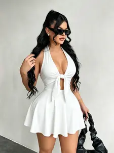 Y2K Sexy Halter Mini Dress for Women, Deep V Front Tie Cutout Hollow Out Design, Sleeveless Backless Short Skirt, Fashion Party Streetwear