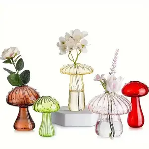 5-Pack Cute Mushroom Glass Vase Set, Mini Ribbed Mushroom Bud Vases, Colorful Aesthetic Tabletop Decor, Fairycore Home Decor for Bedroom and Living Room