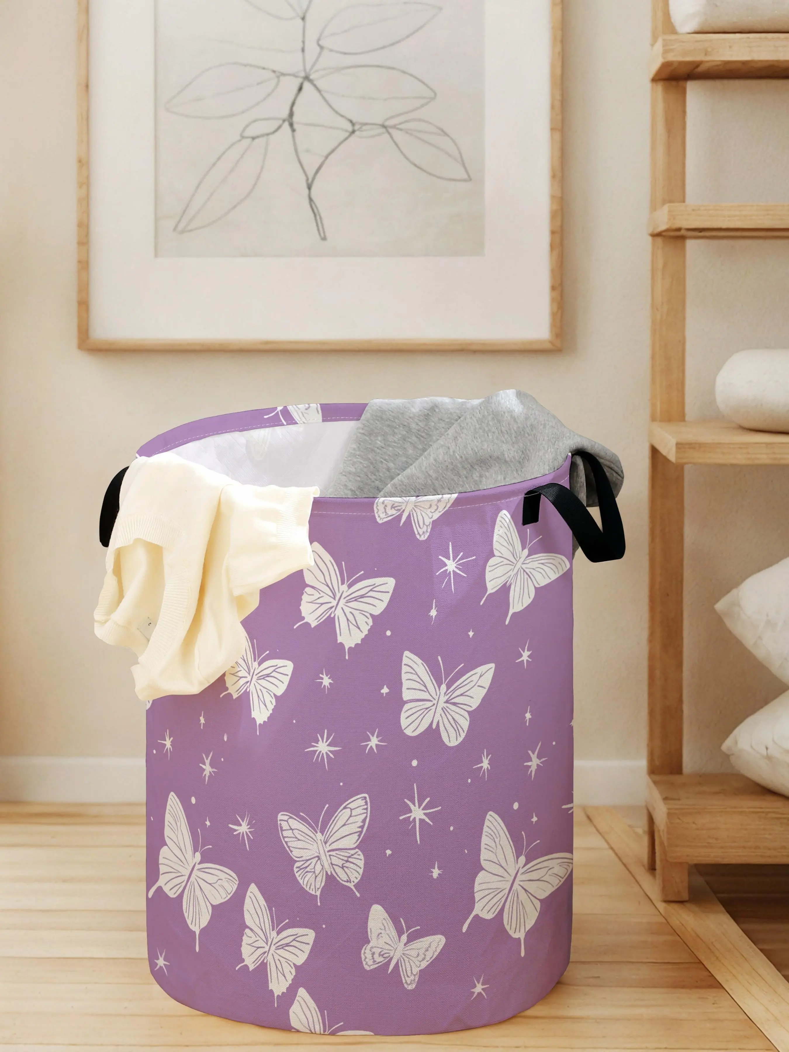 Butterfly Pattern Laundry Hamper Organizer, Large Capacity Dirty Clothes Storage Basket with Handle, Household Foldable Laundry Basket for Home