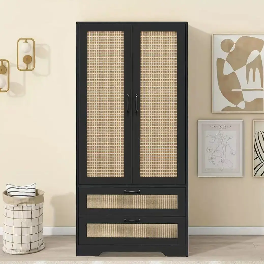Modern Armoire Wardrobe - High-Quality Freestanding Wood Armoire Storage Cabinet with Double Rattan Doors, 2 Drawers, Built-In Clothes Hanging Rod, Multifunctional Design, Durable Anti-Tipping Device for Bedrooms, Living Rooms