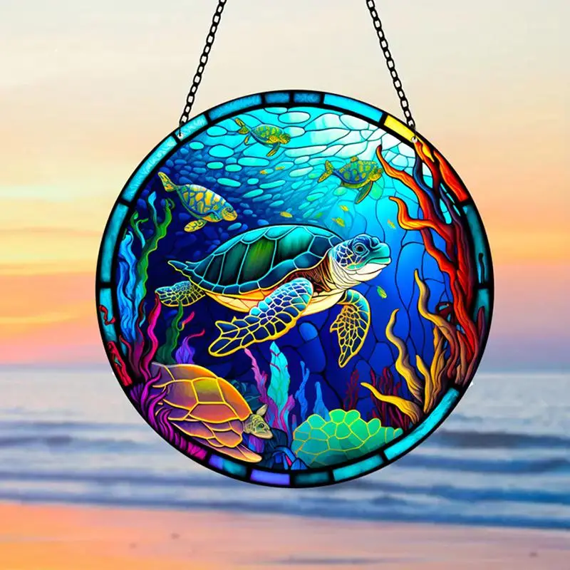 Turtle Pattern Hanging Decoration, 1 Count Round Sea Animal Print Hanging Ornament, Garden Hanging Decoration, Suitable for Home Office Garden Window