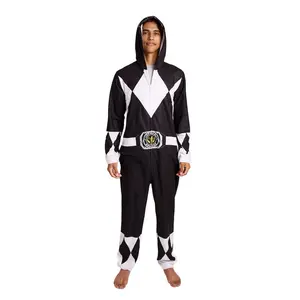 Power Rangers Black Ranger Adult Long Sleeve Hooded Cosplay Onesie Costume Union Suit-Small