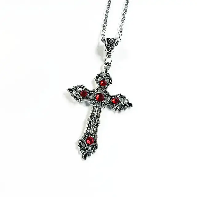 Large Baroque Silver Cross Necklace with Crystals