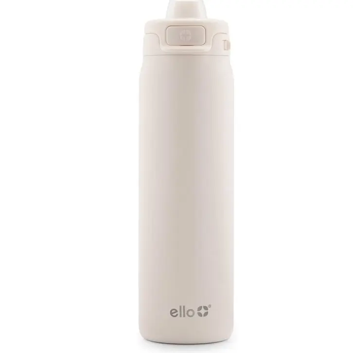 Ello Pop & Fill Stainless Steel Water Bottle 22oz Cream Double Walled Vacuum Insulated Leak Proof Locking Lid Quick Fill Technology BPA Free Holiday Gift for Him Her Drinkware Flasks