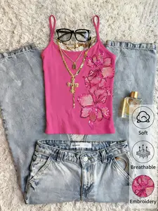 Women's Casual Floral Print Camisole Top | Summer Sexy Sleeveless Spaghetti Strap Slim Fit Going Out Cami Tank Top
