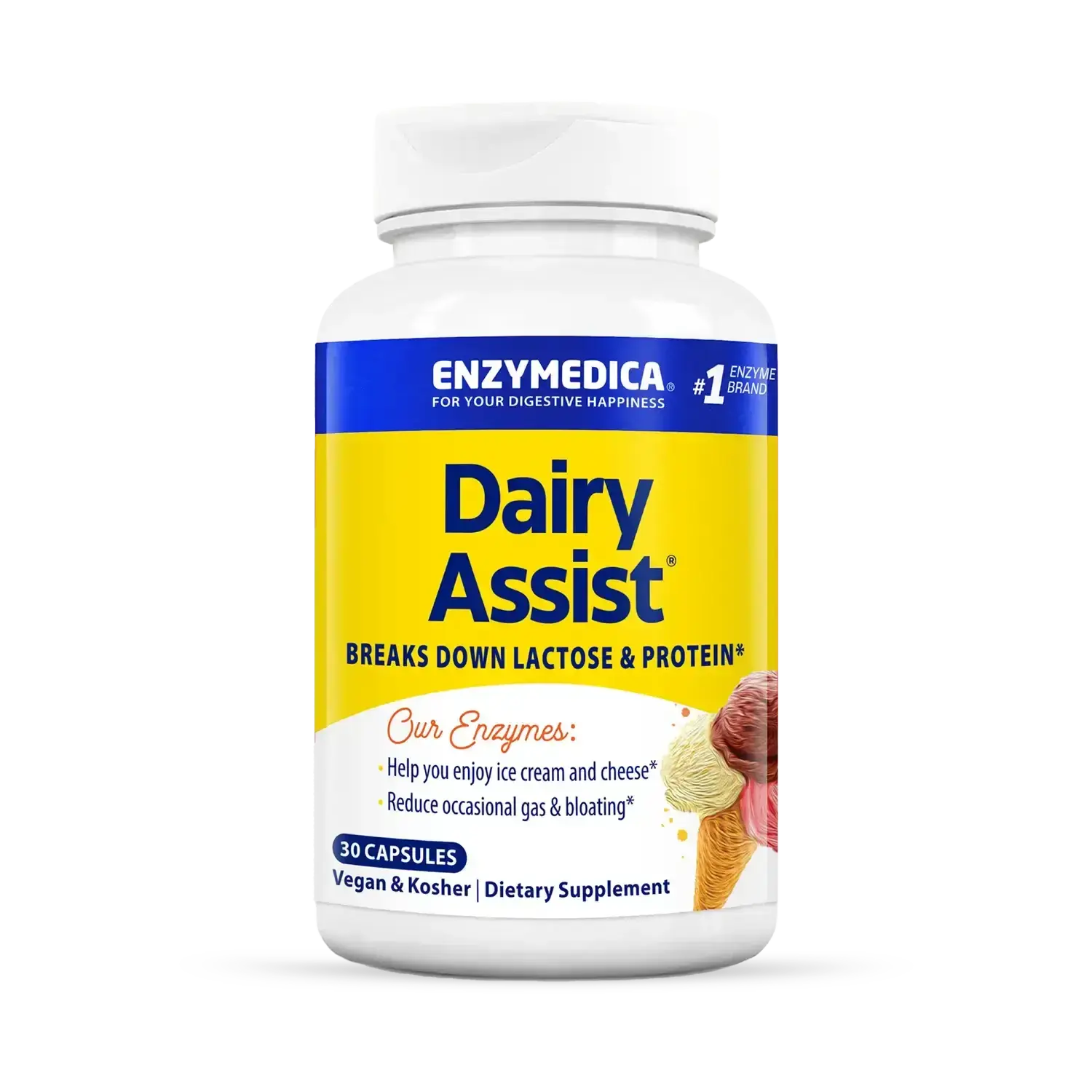 Enzymedica DairyAssist Digestive Enzymes for Men & Women - Lactose Intolerance Support Supplement with Lactase Enzyme, Breaks Down Milk & Dairy, Helps Reduce Gas & Bloating, Gluten Free - 30 Capsules