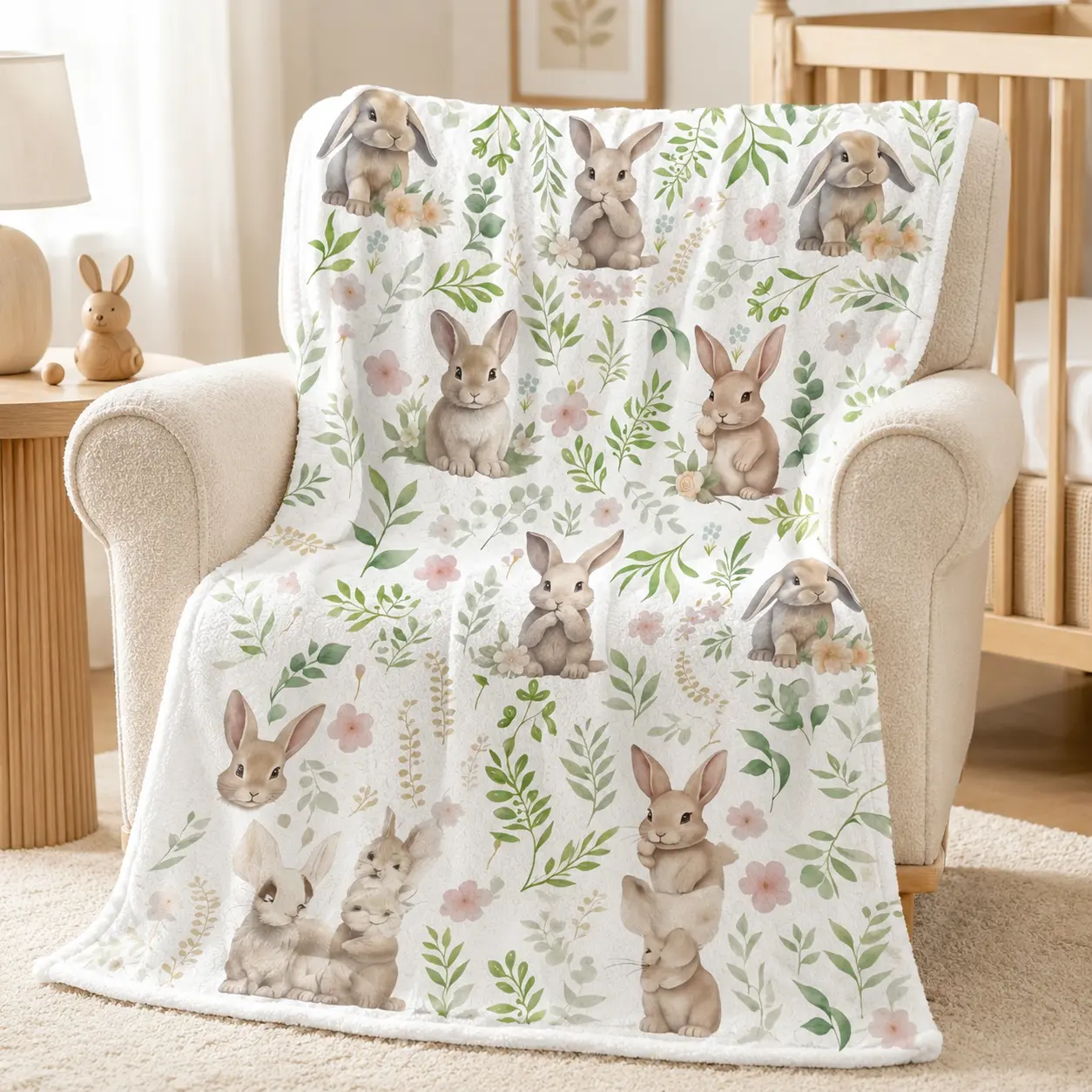 Watercolor Cute Bunny Flannel Blanket - Pastel Floral, Cottagecore Rabbit, Green Leaf, Soft Cozy Warm Fuzzy Plush Throw - Ideal Easter Gift for Girls, Nursery Bedroom Sofa Aesthetic Home Decor