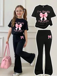 Girls Casual Bow Print Round Neck Loose Short Sleeve T-Shirt and Bell Bottom Pants Set, Summer Wear, Fitted Style, Long Regular Length, Fashion Style Sets