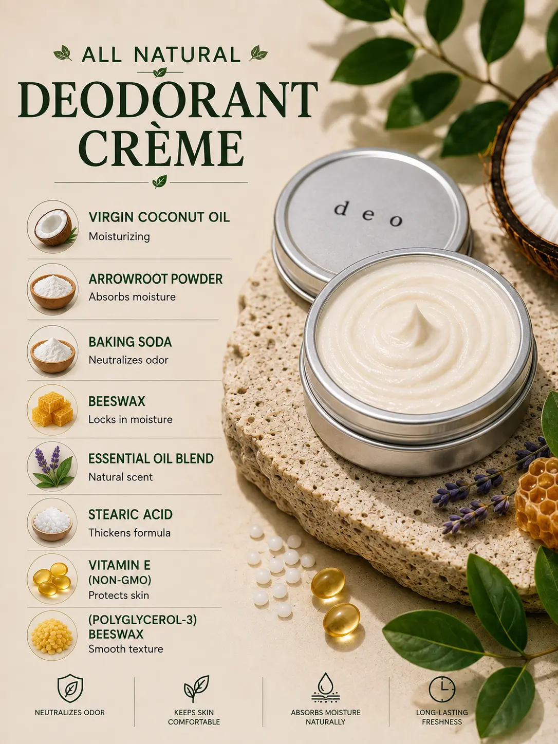 Deodorant Crème - Natural Aluminum-Free Deodorant Cream with Botanical Oils | Long-Lasting Odor Protection for Sensitive Skin