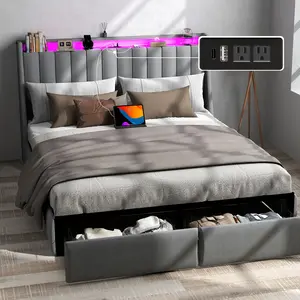 Full/Queen/King Upholstered Platform Bed Frame with LED Lights, 2 Storage Drawers, Charging Station & Button-Tufted Wingback Headboard – Dark Gray